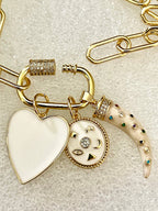 Gold Plated Charm Necklace – White Enamel Heart & Tusk, CZ Carabiner Clasp