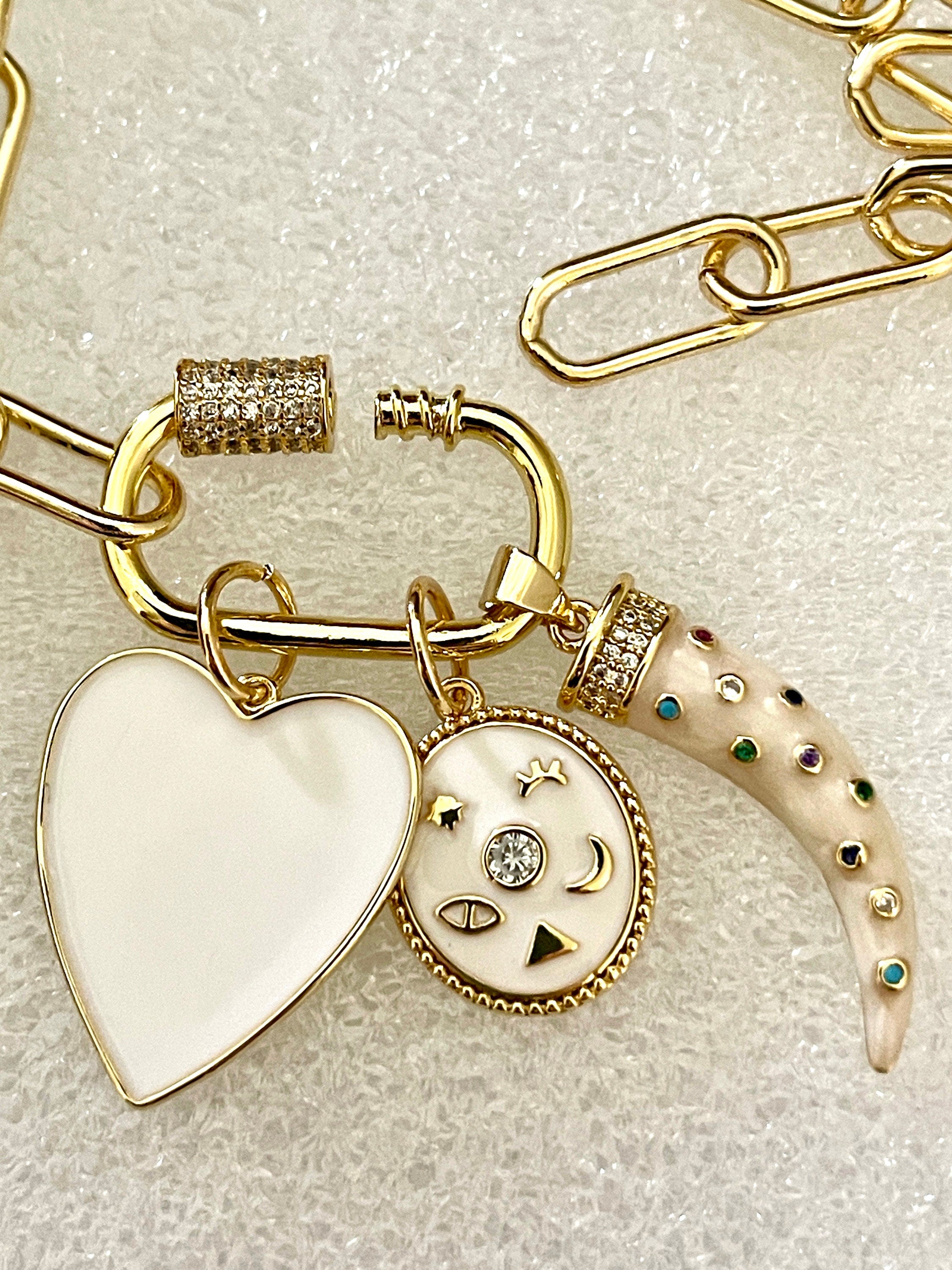 Gold Plated Charm Necklace – White Enamel Heart & Tusk, CZ Carabiner Clasp