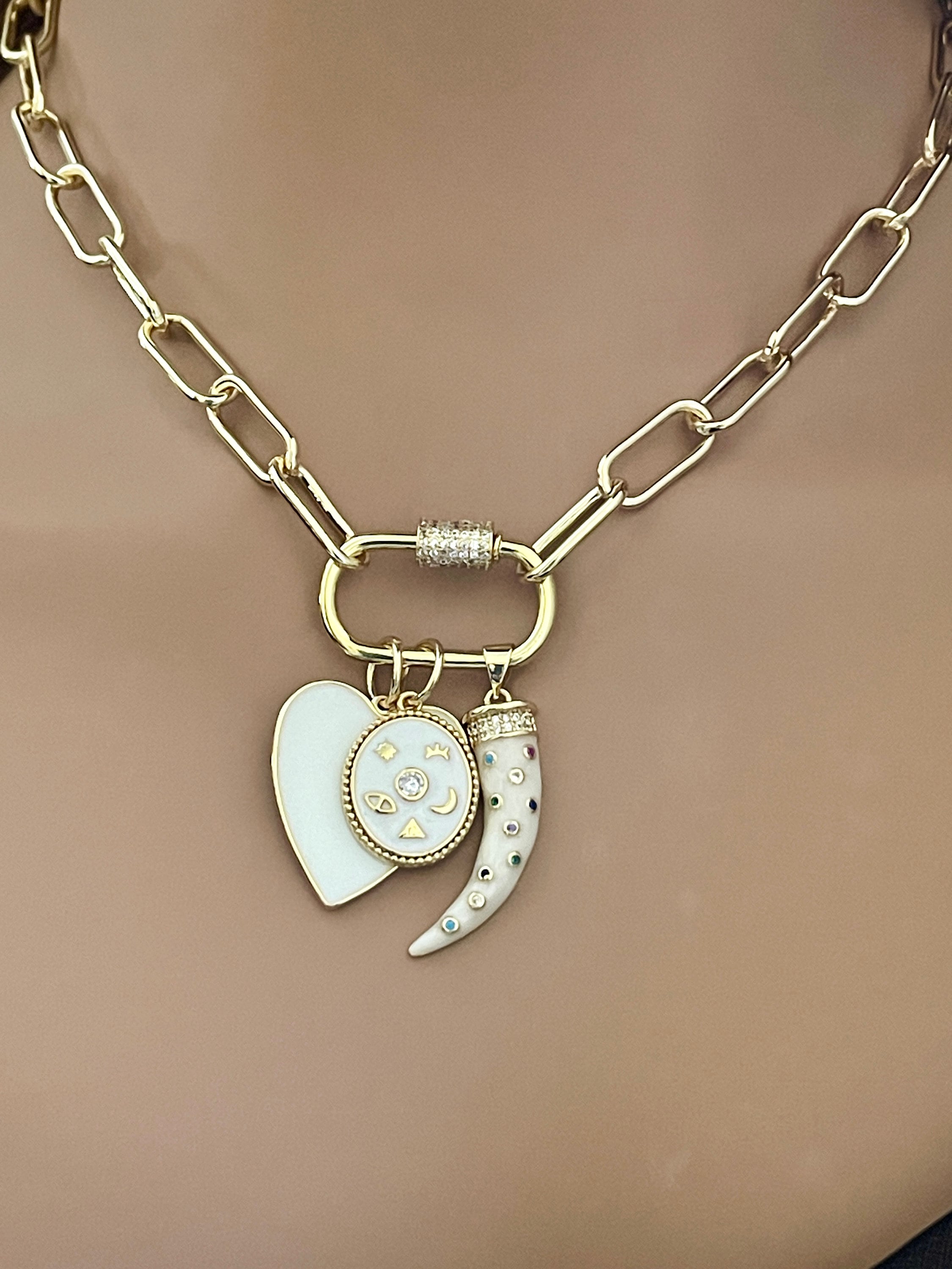 Gold Plated Charm Necklace – White Enamel Heart & Tusk, CZ Carabiner Clasp