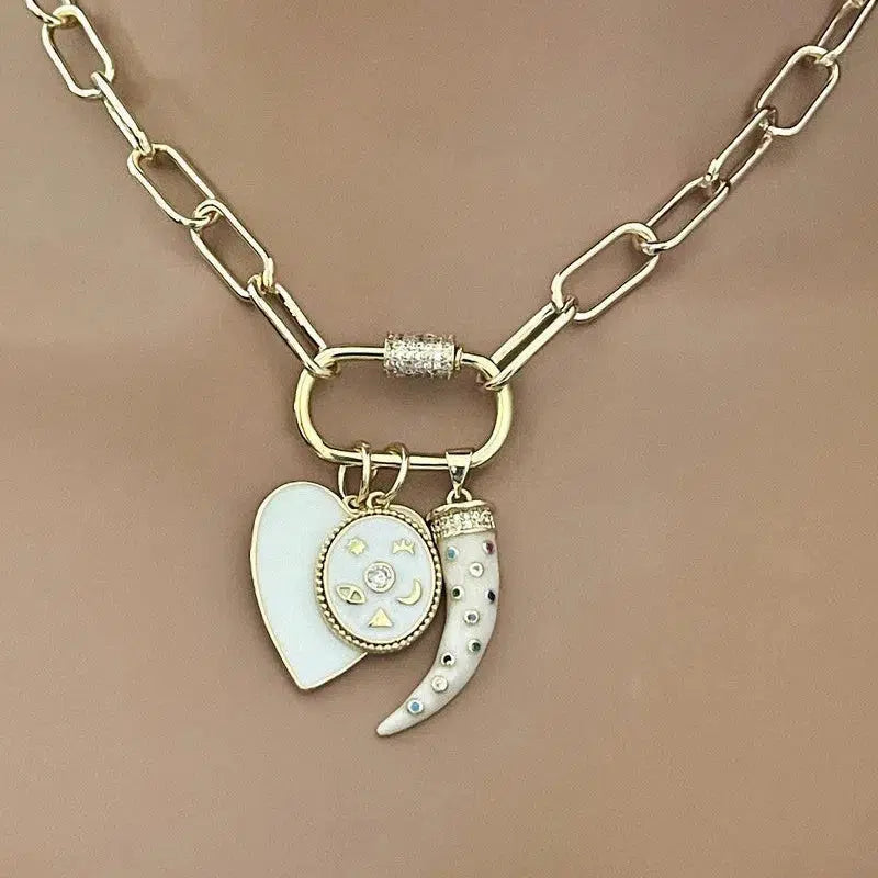 Gold Chain Necklace-Charm Necklace- Carabiner Screw Clasp-3 Cubic Zirconia Charms- White Enamel Heart Charm-Tusk Charm-Gift For Her