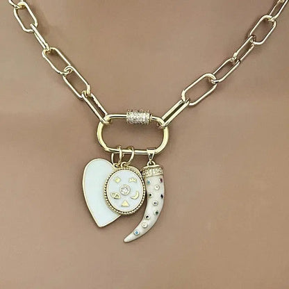 Gold Chain Necklace-Charm Necklace- Carabiner Screw Clasp-3 Cubic Zirconia Charms- White Enamel Heart Charm-Tusk Charm-Gift For Her