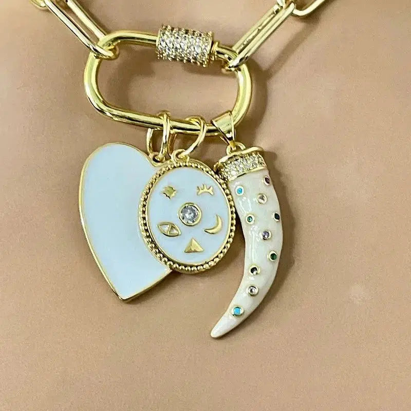 Gold Chain Necklace-Charm Necklace- Carabiner Screw Clasp-3 Cubic Zirconia Charms- White Enamel Heart Charm-Tusk Charm-Gift For Her