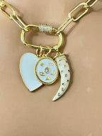 Gold Plated Charm Necklace – White Enamel Heart & Tusk, CZ Carabiner Clasp