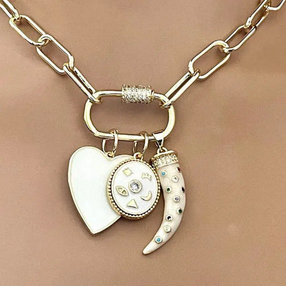 Gold Chain Necklace-Charm Necklace- Carabiner Screw Clasp-3 Cubic Zirconia Charms- White Enamel Heart Charm-Tusk Charm-Gift For Her