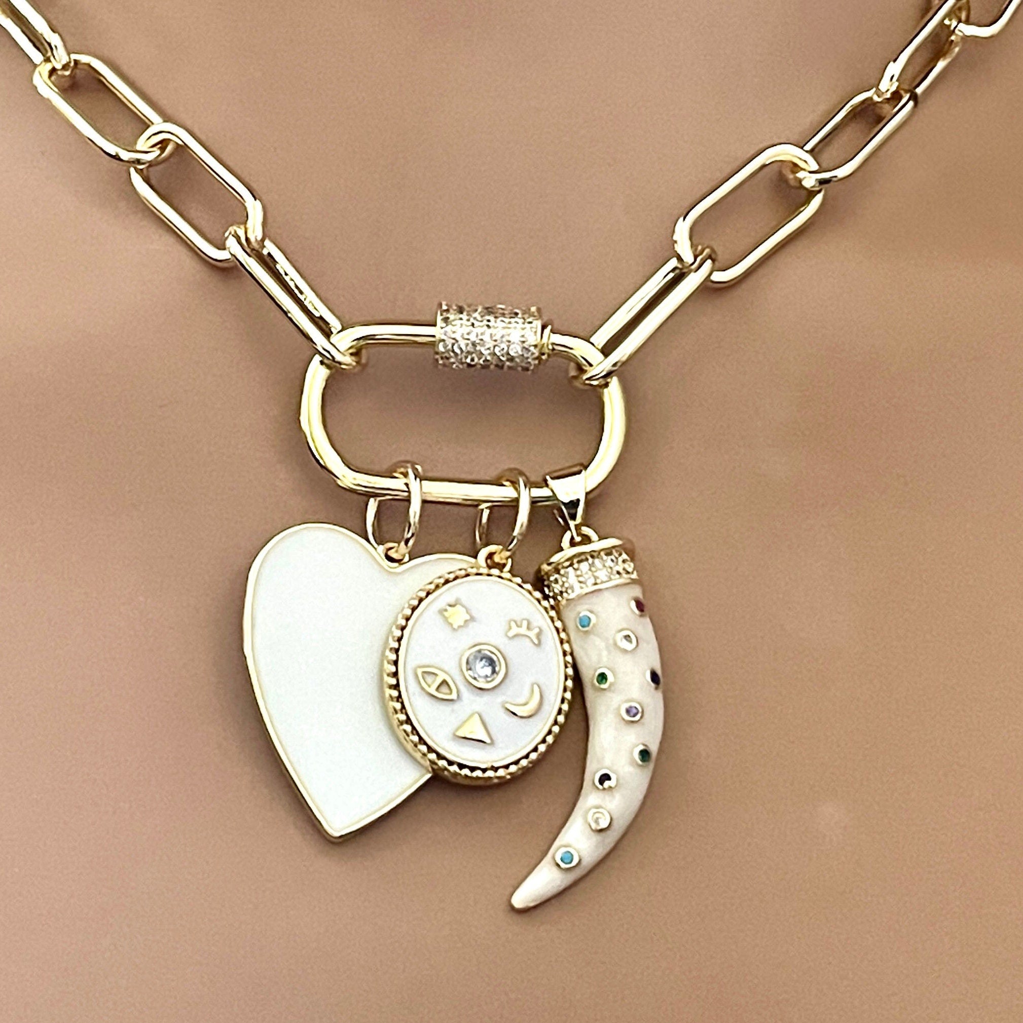 Gold Plated Charm Necklace – White Enamel Heart & Tusk, CZ Carabiner Clasp