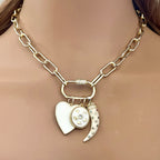 Gold Plated Charm Necklace – White Enamel Heart & Tusk, CZ Carabiner Clasp