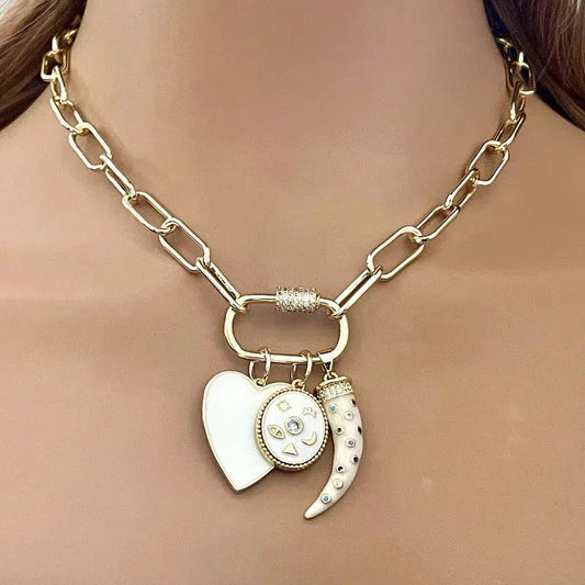 Gold Chain Necklace-Charm Necklace- Carabiner Screw Clasp-3 Cubic Zirconia Charms- White Enamel Heart Charm-Tusk Charm-Gift For Her