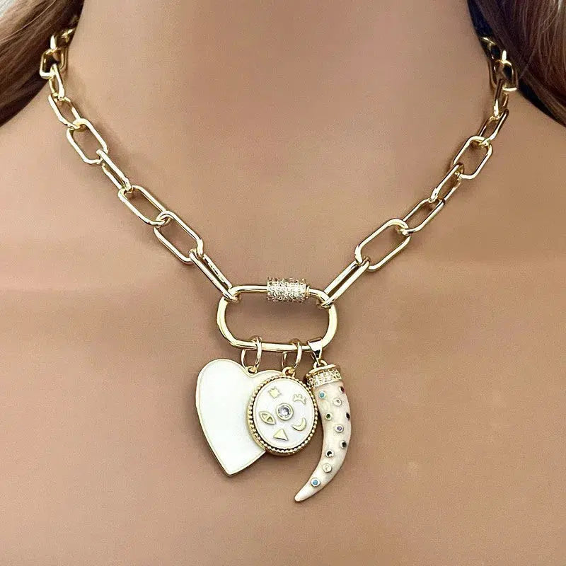 Gold Chain Necklace-Charm Necklace- Carabiner Screw Clasp-3 Cubic Zirconia Charms- White Enamel Heart Charm-Tusk Charm-Gift For Her
