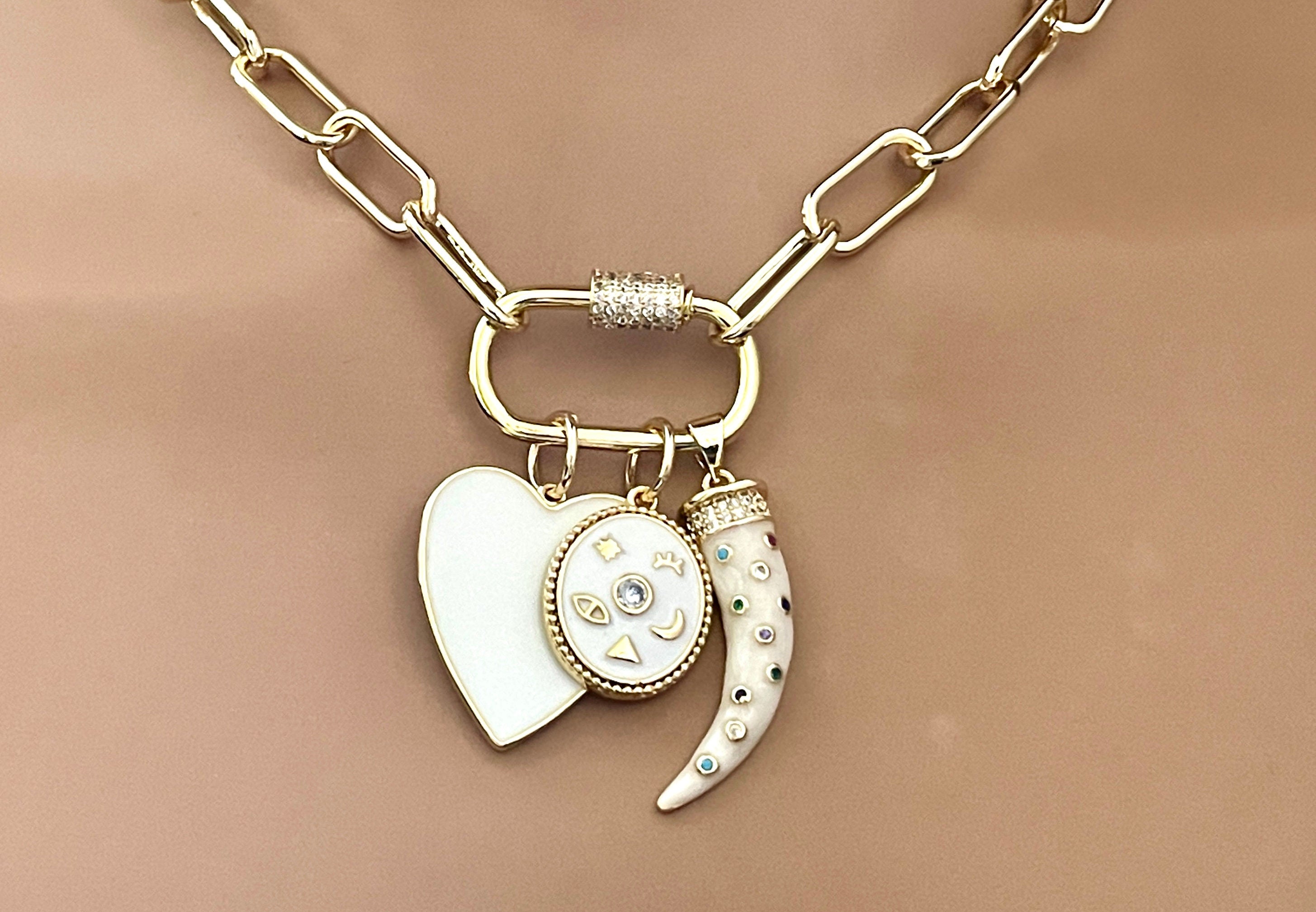 Gold Plated Charm Necklace – White Enamel Heart & Tusk, CZ Carabiner Clasp