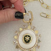 Gold Mother Of Pearl Pendant-Paperclip Chain Necklace-CZ Stones Bezel-Fleur De Lis-Coat Of Arms-Micro Pave Spring Lock Clasp