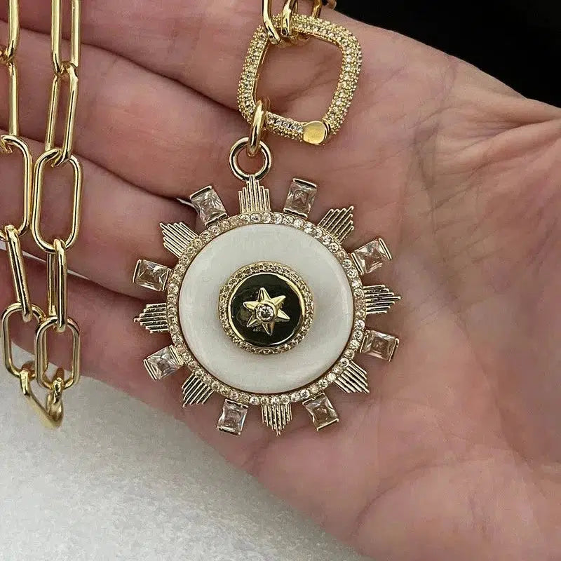 Gold Mother Of Pearl Pendant-Paperclip Chain Necklace-CZ Stones Bezel-Fleur De Lis-Coat Of Arms-Micro Pave Spring Lock Clasp