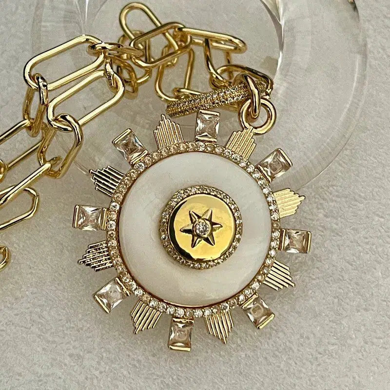 Gold Mother Of Pearl Pendant-Paperclip Chain Necklace-CZ Stones Bezel-Fleur De Lis-Coat Of Arms-Micro Pave Spring Lock Clasp