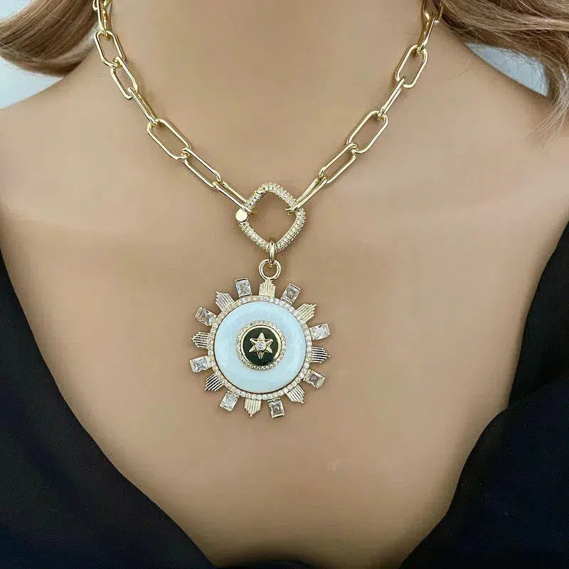 Gold Mother Of Pearl Pendant-Paperclip Chain Necklace-CZ Stones Bezel-Fleur De Lis-Coat Of Arms-Micro Pave Spring Lock Clasp