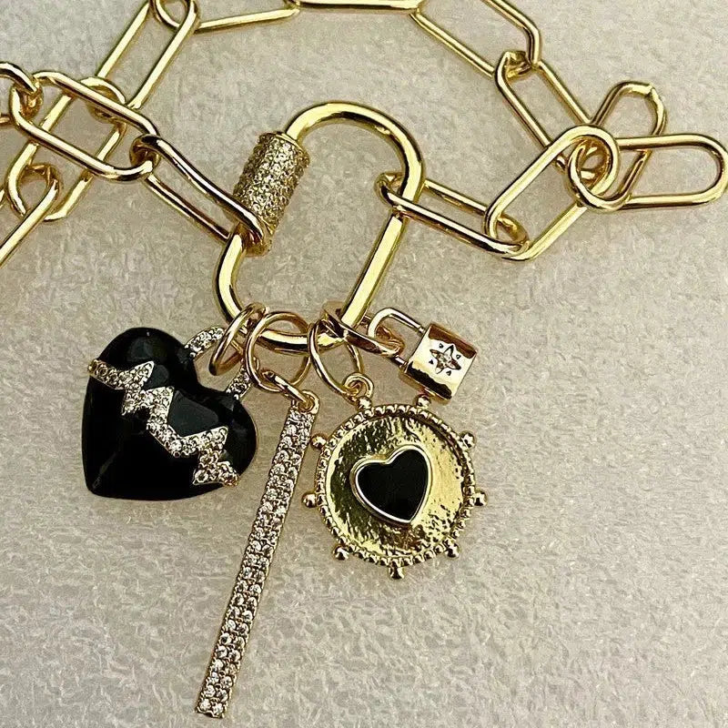 Gold Chain Necklace-Charm Necklace-CZ Carabiner Screw Clasp-4 Cubic Zirconia Charms-Black Enamel Beating Heart Charm-Padlock Charm-CZ Bar