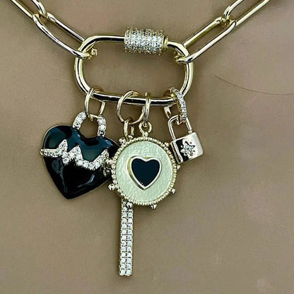 Gold Chain Necklace-Charm Necklace-CZ Carabiner Screw Clasp-4 Cubic Zirconia Charms-Black Enamel Beating Heart Charm-Padlock Charm-CZ Bar