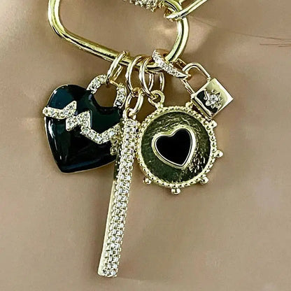 Gold Chain Necklace-Charm Necklace-CZ Carabiner Screw Clasp-4 Cubic Zirconia Charms-Black Enamel Beating Heart Charm-Padlock Charm-CZ Bar