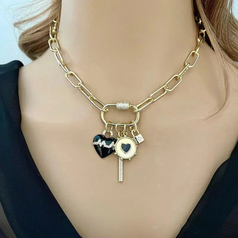 Gold Chain Necklace-Charm Necklace-CZ Carabiner Screw Clasp-4 Cubic Zirconia Charms-Black Enamel Beating Heart Charm-Padlock Charm-CZ Bar