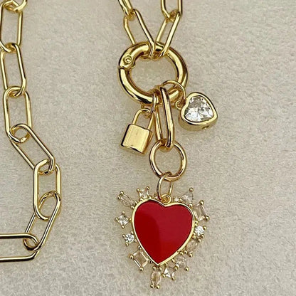 Gold Paperclip Chain Necklace-Mixed Charm Necklace-Red CZ Heart Charm-Large Cubic Zirconia Heart Stone-Gold Padlock Charm-Spring Ring Clasp