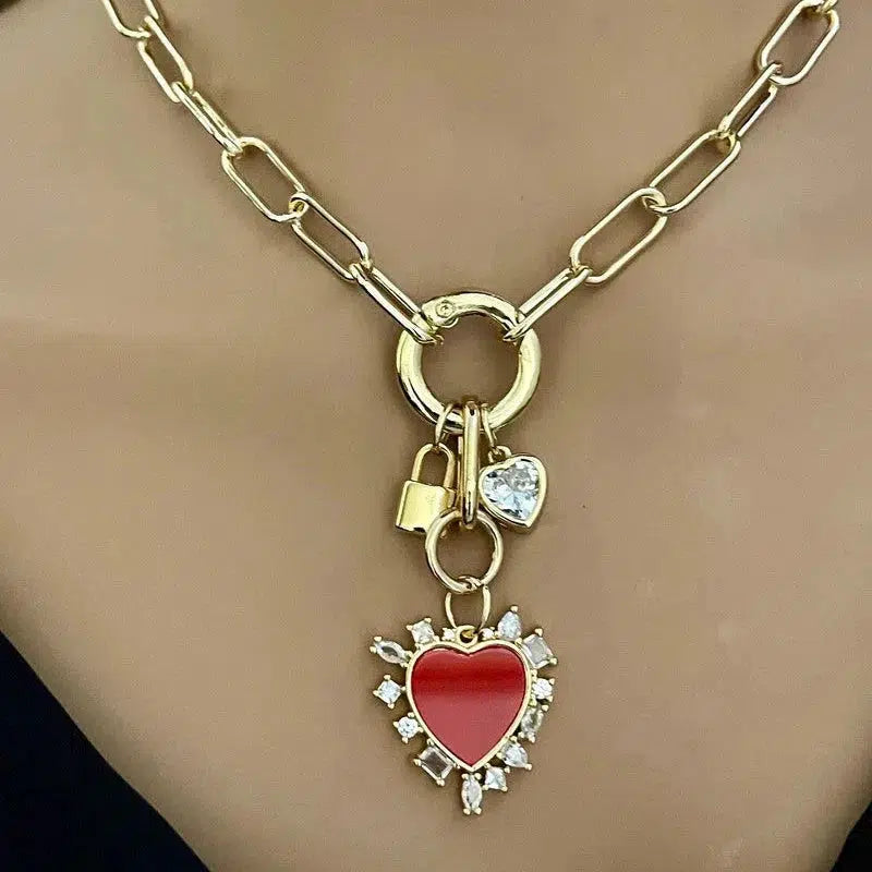 Gold Paperclip Chain Necklace-Mixed Charm Necklace-Red CZ Heart Charm-Large Cubic Zirconia Heart Stone-Gold Padlock Charm-Spring Ring Clasp