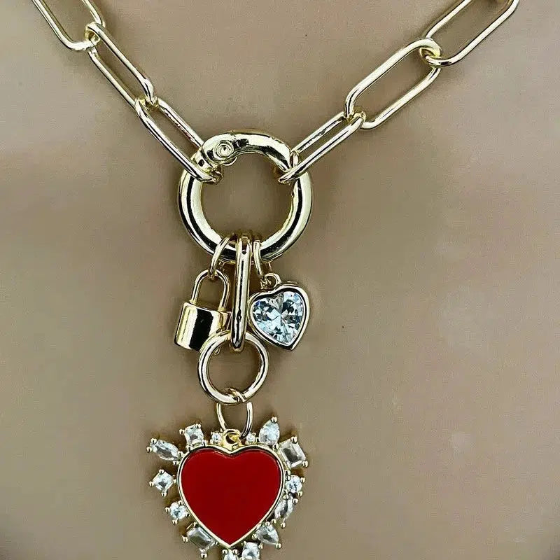 Gold Paperclip Chain Necklace-Mixed Charm Necklace-Red CZ Heart Charm-Large Cubic Zirconia Heart Stone-Gold Padlock Charm-Spring Ring Clasp