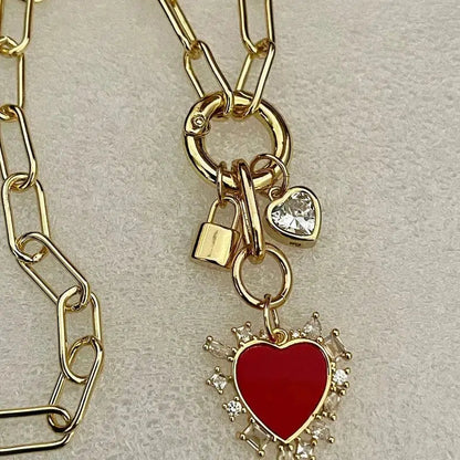 Gold Paperclip Chain Necklace-Mixed Charm Necklace-Red CZ Heart Charm-Large Cubic Zirconia Heart Stone-Gold Padlock Charm-Spring Ring Clasp