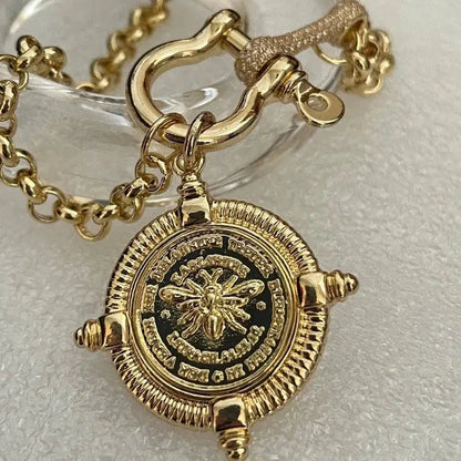 Gold Bee Pendant-Rolo Chain- CZ Shackle-CZ Connector Feature-French Bee Pendant-Coin Medallion-Equestrian Jewelry