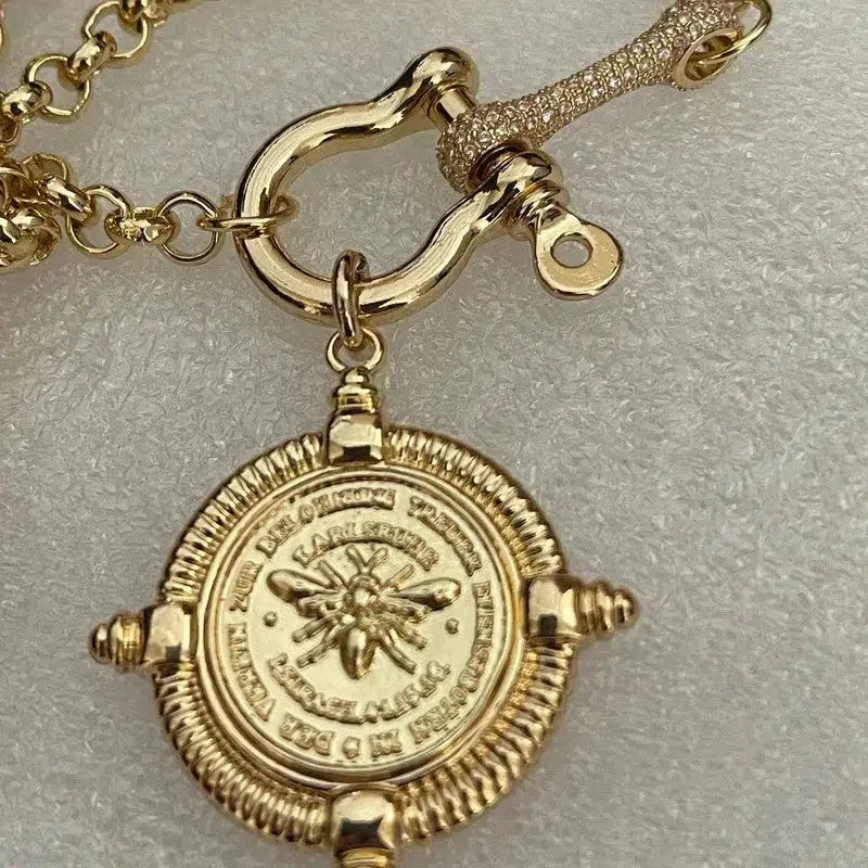 Gold Bee Pendant-Rolo Chain- CZ Shackle-CZ Connector Feature-French Bee Pendant-Coin Medallion-Equestrian Jewelry