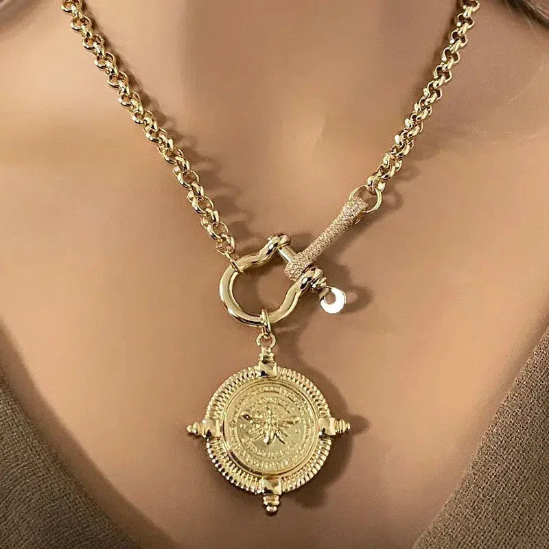 Gold Bee Pendant-Rolo Chain- CZ Shackle-CZ Connector Feature-French Bee Pendant-Coin Medallion-Equestrian Jewelry