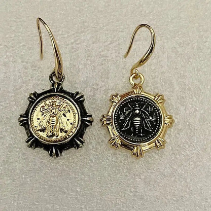 French Bee Coin Earrings-Reproduction Coin-Dangle Hook Earrings-Stud Earrings-Mixed Metal Jewelry-Gift For Her