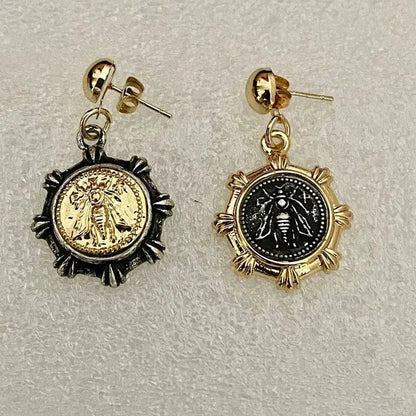 French Bee Coin Earrings-Reproduction Coin-Dangle Hook Earrings-Stud Earrings-Mixed Metal Jewelry-Gift For Her