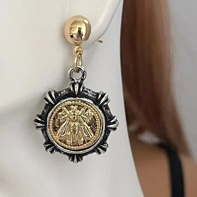 French Bee Coin Earrings-Reproduction Coin-Dangle Hook Earrings-Stud Earrings-Mixed Metal Jewelry-Gift For Her