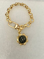 Gold Chunky Chain Bracelet – French Bee Coin Charm, Carabiner Clasp