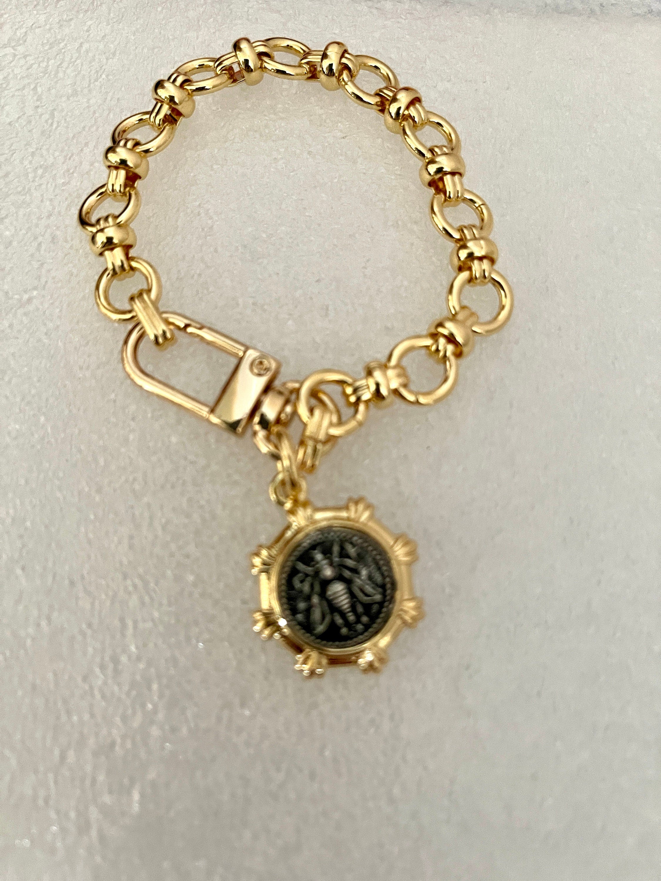 Gold Chunky Chain Bracelet – French Bee Coin Charm, Carabiner Clasp