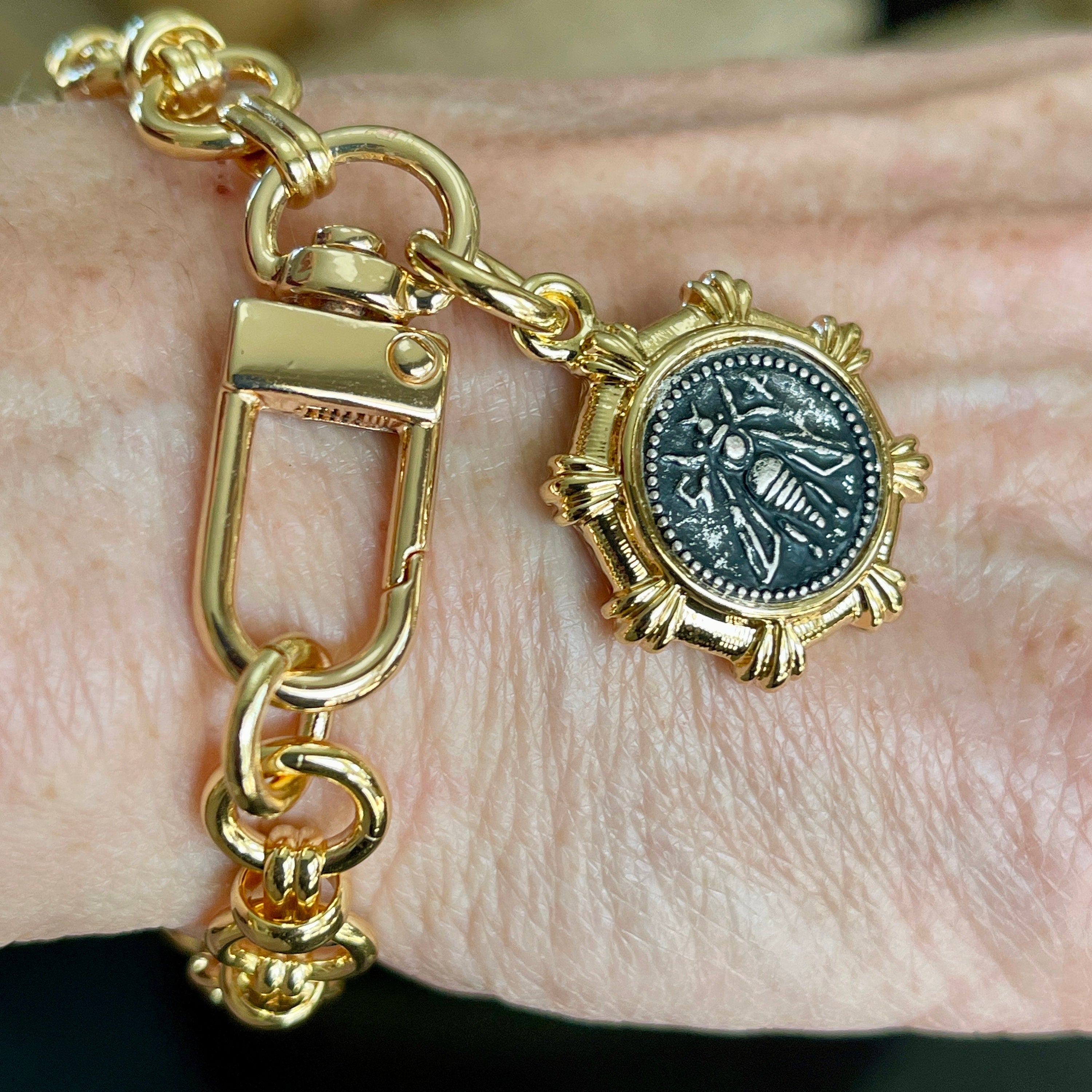 Gold Chunky Chain Bracelet – French Bee Coin Charm, Carabiner Clasp