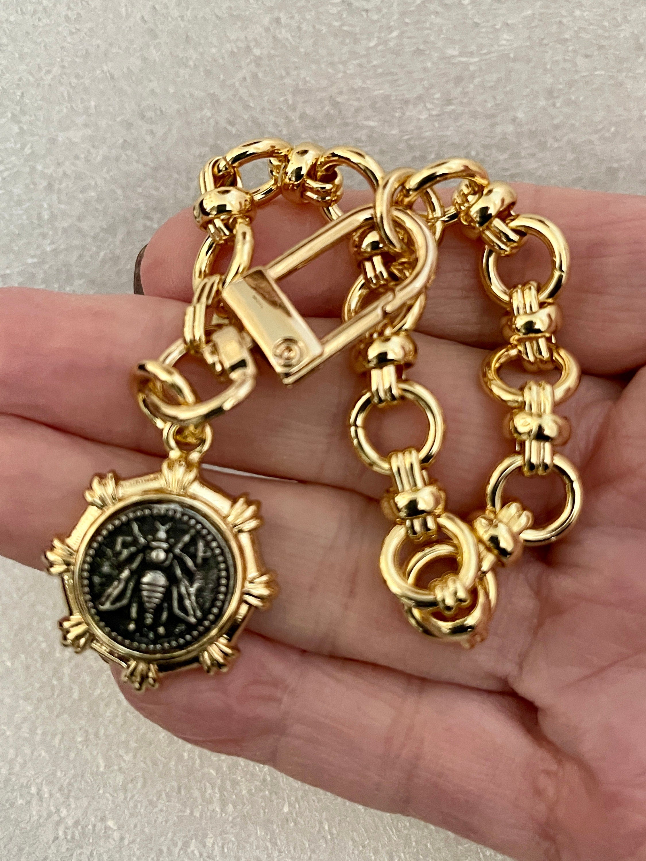 Gold Chunky Chain Bracelet – French Bee Coin Charm, Carabiner Clasp