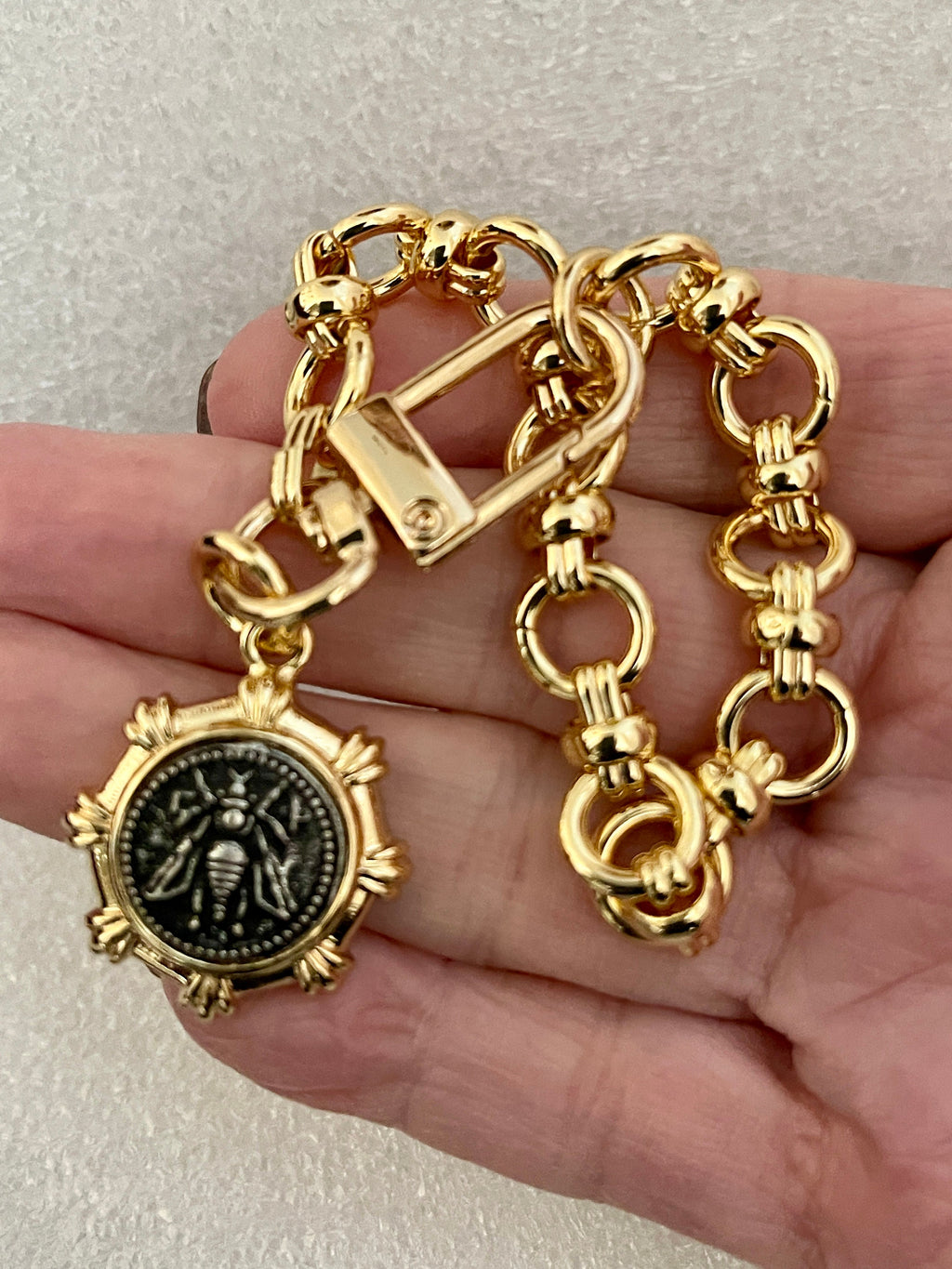 Gold Chunky Chain Bracelet – French Bee Coin Charm, Carabiner Clasp