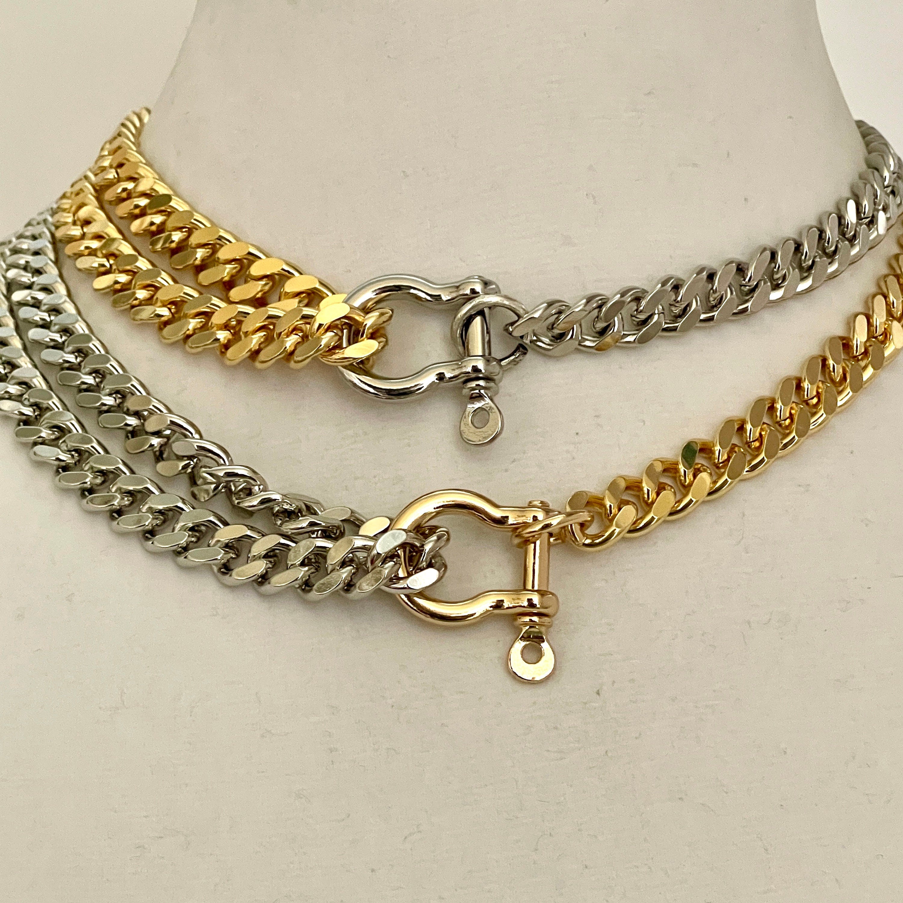 Two-Tone Miami Cuban Chain Necklace: Gold & Silver, Shackle Clasp