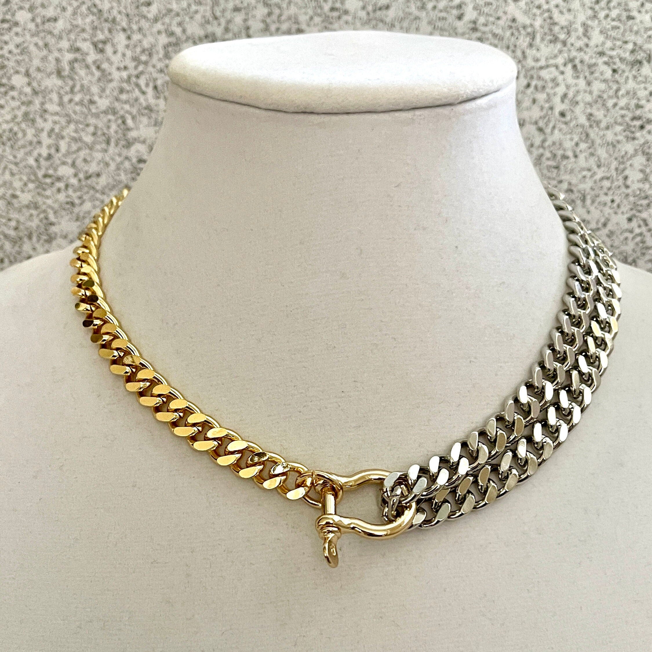 Two-Tone Miami Cuban Chain Necklace: Gold & Silver, Shackle Clasp