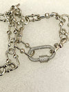 Silver Paperclip Chain Necklace-CZ Heart Pendant-CZ Round Disc Pendant-Black Enamel Clover Charm-Lobster Clasp-CZ Carabiner Chain Choker