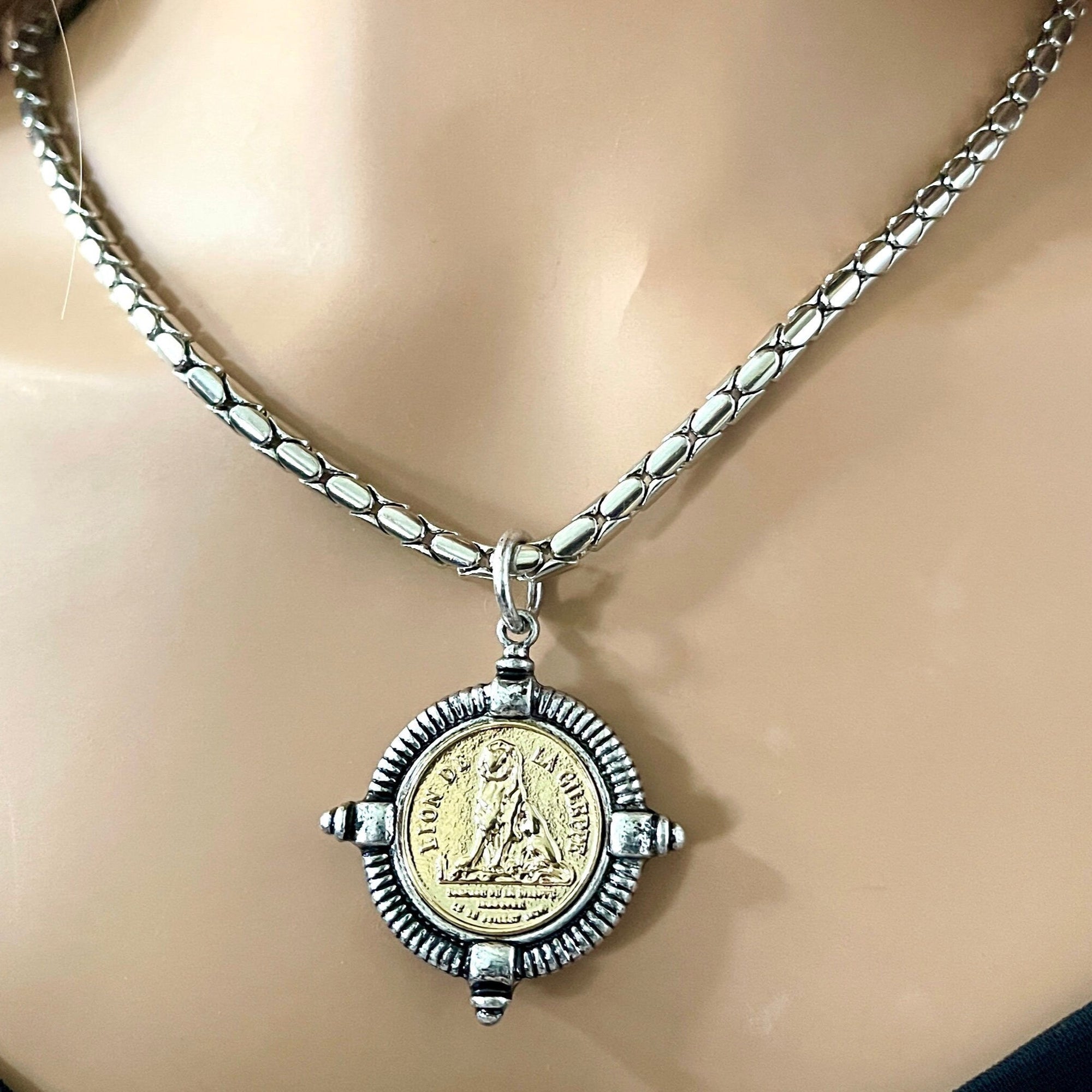 Thick Silver Snake Chain Necklace-Lion De La Gileppe Coin-Reproduction French Medal-Lion Jewelry-Lion Pendant-Mixed Metal-Lobster Clasp