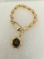 Gold Chunky Chain Bracelet – French Bee Coin Charm, Carabiner Clasp