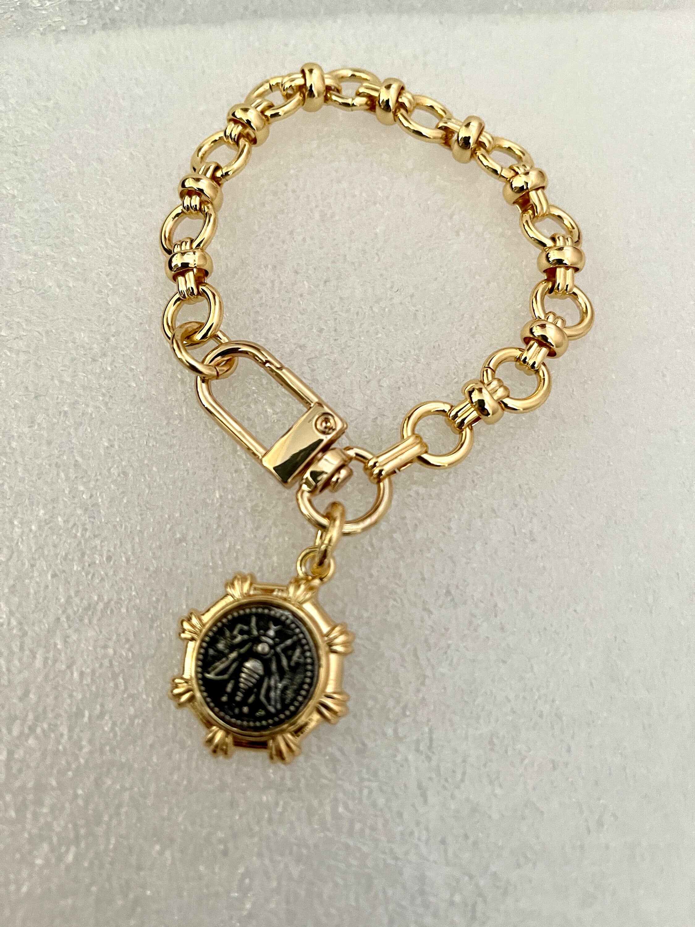 Gold Chunky Chain Bracelet – French Bee Coin Charm, Carabiner Clasp
