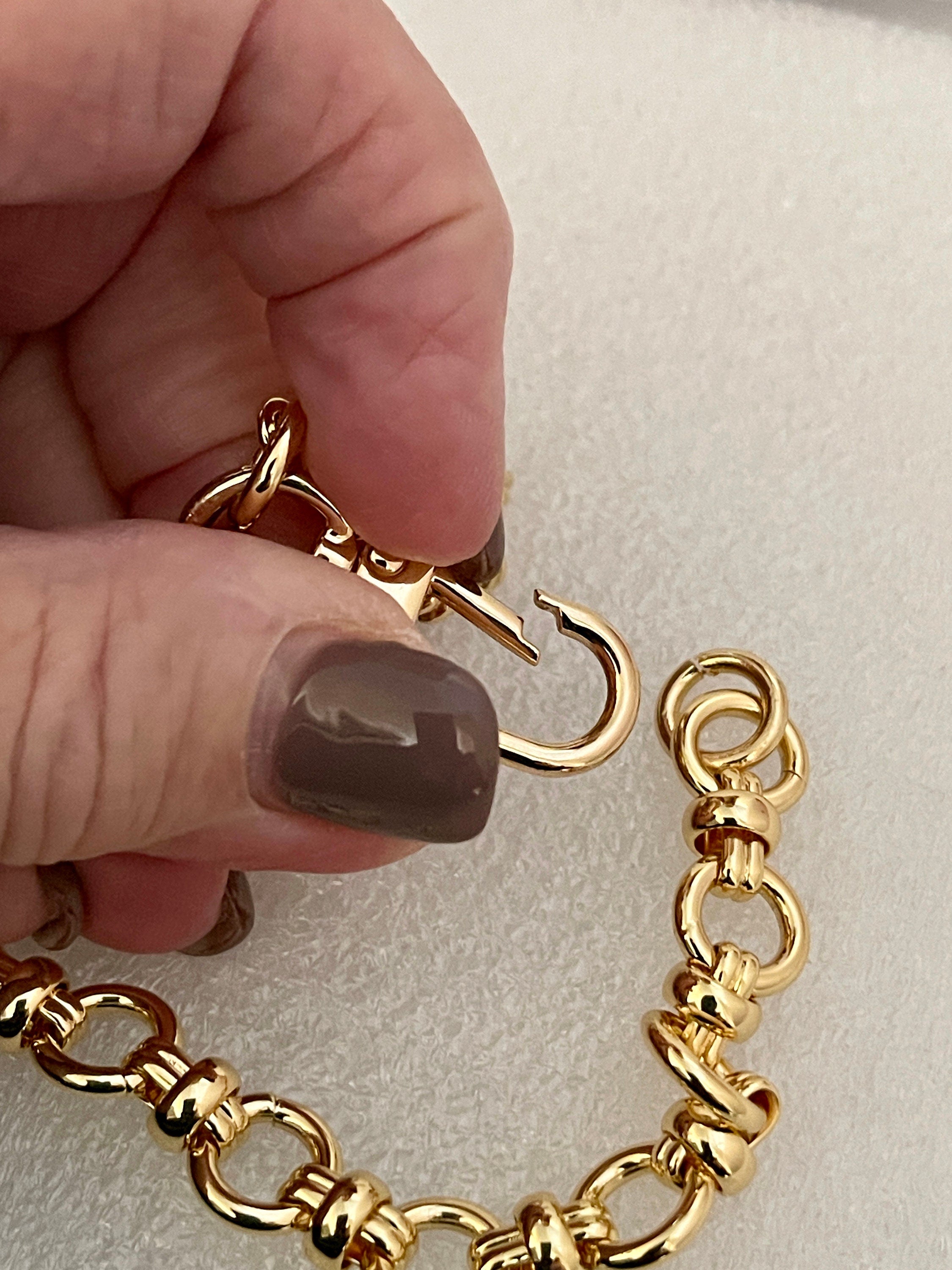 Gold Chunky Chain Bracelet – French Bee Coin Charm, Carabiner Clasp