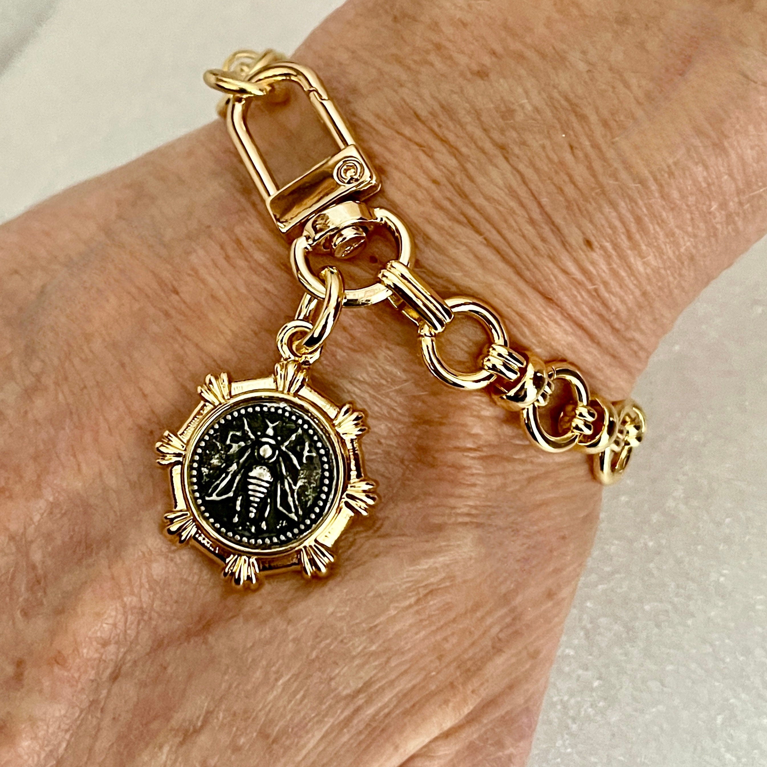 Gold Chunky Chain Bracelet – French Bee Coin Charm, Carabiner Clasp