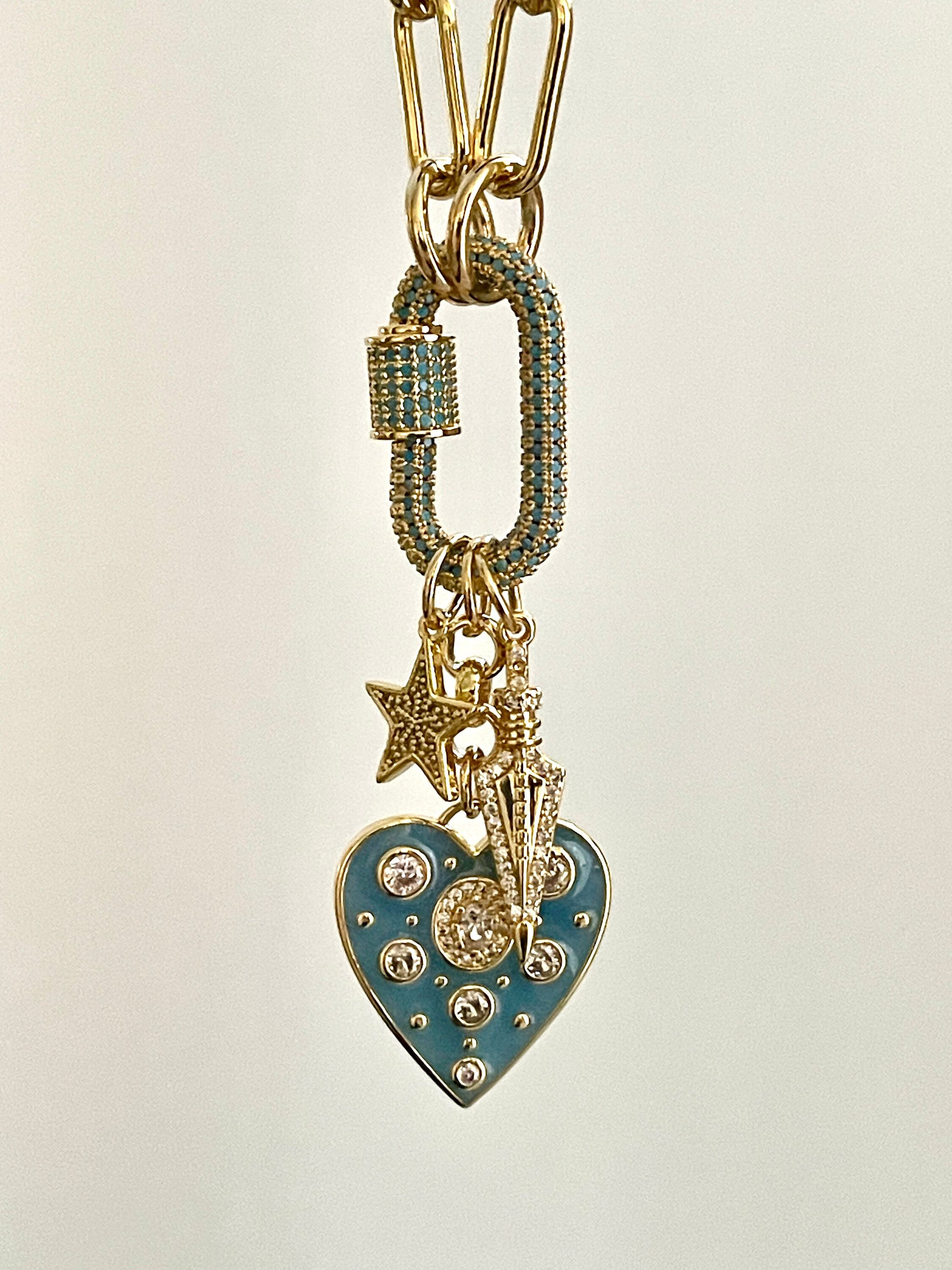 Chunky Gold Rolo Chain Necklace-Multi Charm Necklace-Turquoise CZ Screw Clasp- CZ Arrow Charm-Turquoise Enamel Heart Pendant-CZ Star Charm