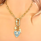 Chunky Gold Rolo Chain Necklace: Turquoise CZ Heart, Star, Arrow Charms