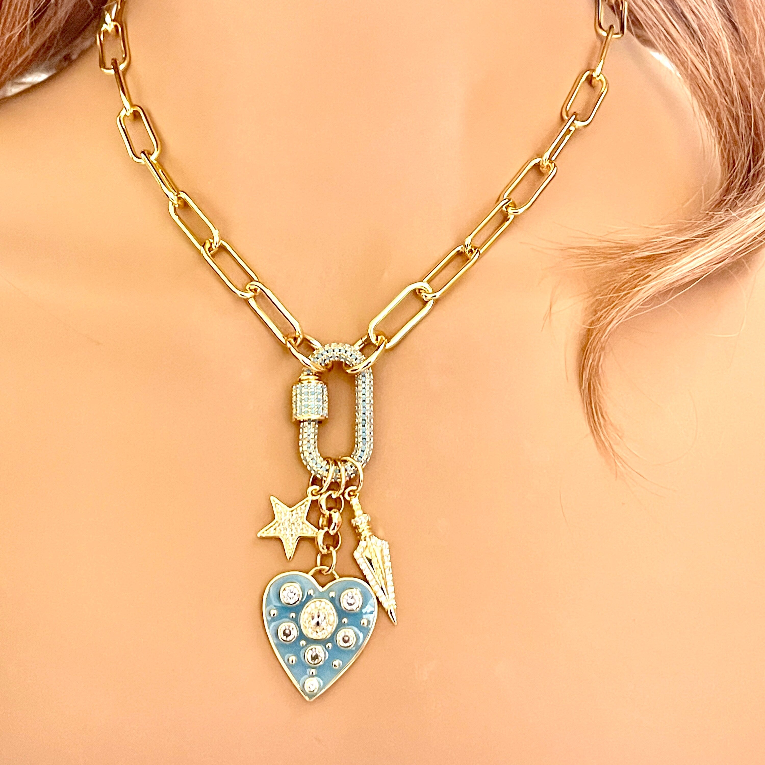 Chunky Gold Rolo Chain Necklace: Turquoise CZ Heart, Star, Arrow Charms