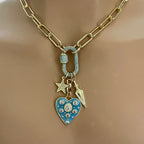 Chunky Gold Rolo Chain Necklace: Turquoise CZ Heart, Star, Arrow Charms