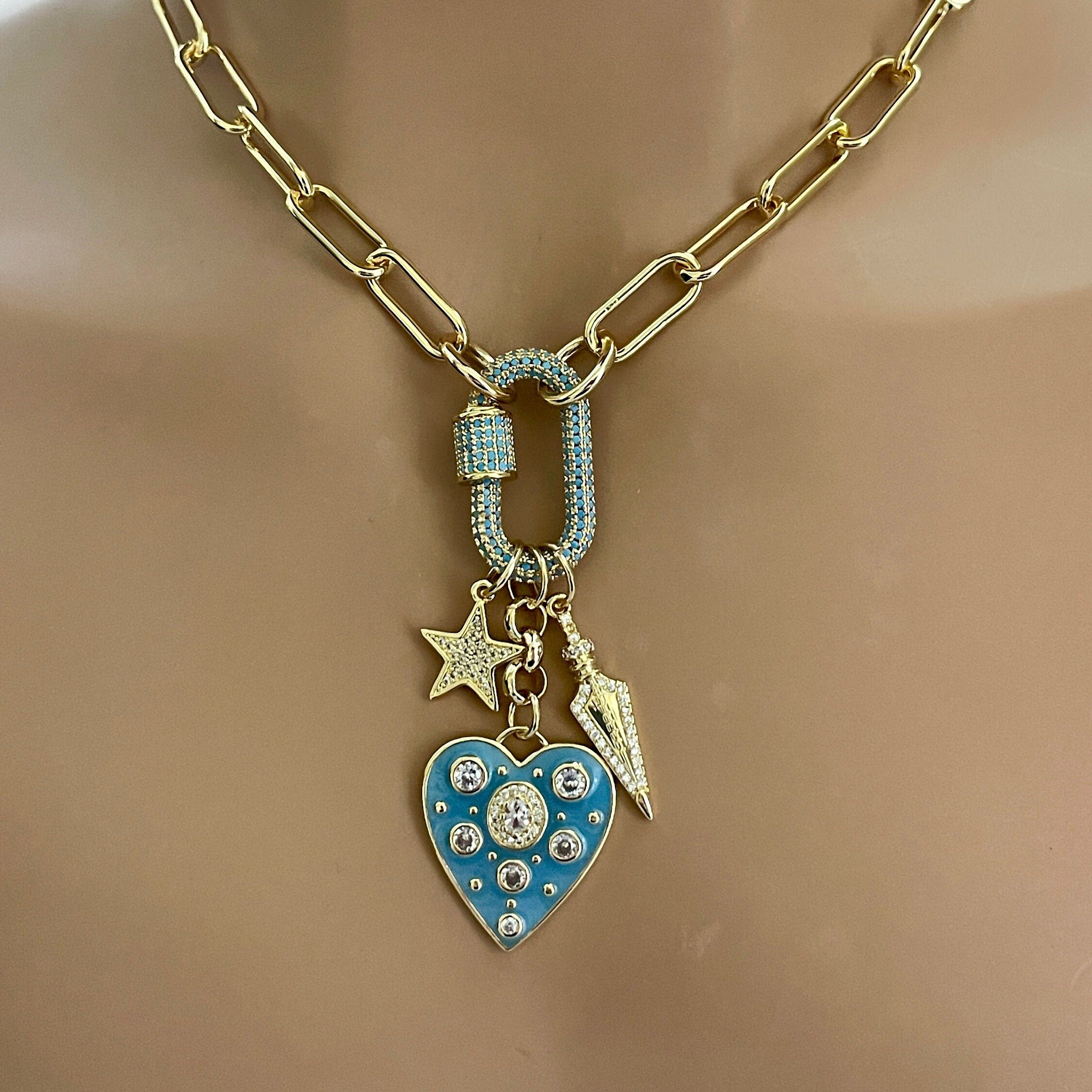 Chunky Gold Rolo Chain Necklace: Turquoise CZ Heart, Star, Arrow Charms