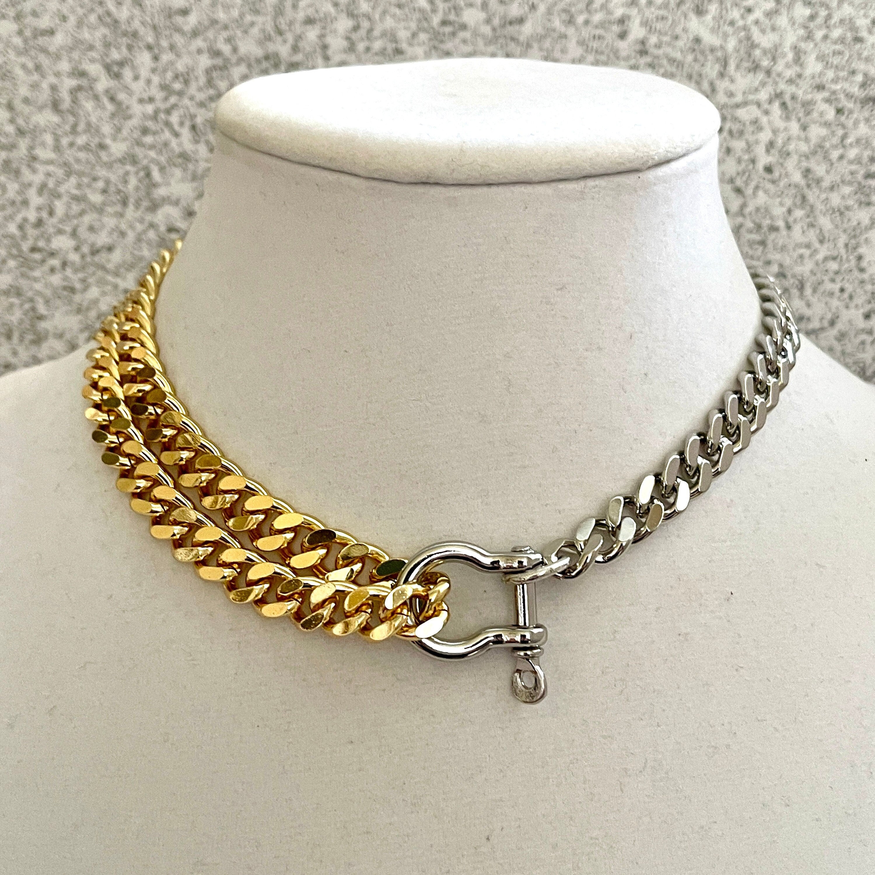 Two-Tone Miami Cuban Chain Necklace: Gold & Silver, Shackle Clasp
